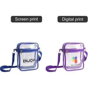A clear tote bag with zipper closure in blue and purple, each featuring a shoulder strap and branding.