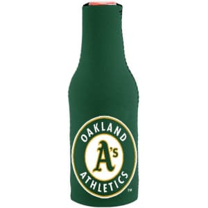 A green zippered bottle cooler featuring a logo, designed to fit a standard drink bottle.