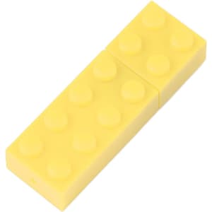 A yellow stackable brick flash drive with dot patterns, featuring a logo on its surface.