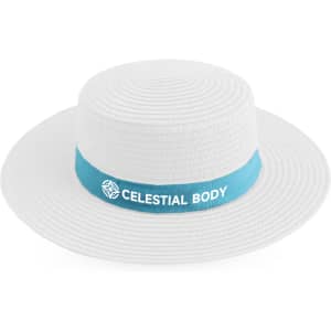 A white straw hat featuring a light blue ribbon and a logo.