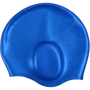A blue swimming cap with attached earmuffs, featuring a smooth design and a logo on the front.