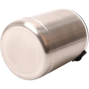 A drink bottle featuring a sleek stainless steel design, with a curved shape and a black lid.