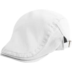 A white beret hat with a structured shape and adjustable strap on the side.