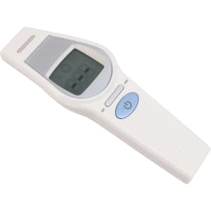 A touchless digital infrared forehead thermometer in white with a blue button and a digital display.