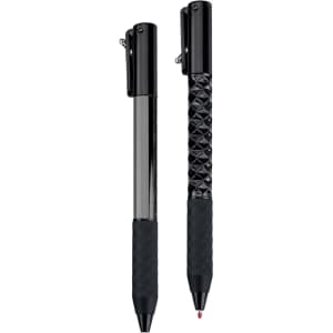 Two black pens with different textures, one smooth and one patterned, featuring clips for attachment.