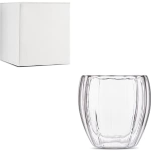 A drink bottle featuring a clear, spiral double wall design, accompanied by a plain white box.