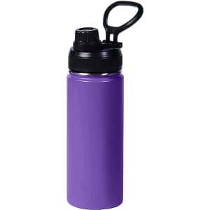 A drink bottle in purple with a black lid and carry handle, featuring a logo on the side.