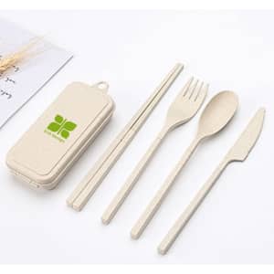 A beige travel utensils set containing a knife, fork, spoon, and chopsticks in a matching case with a logo.