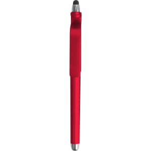 A red stylus ball pen with a mobile holder and a silver tip, featuring a logo.