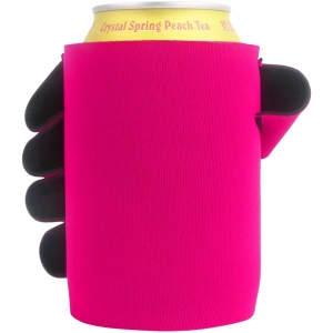 A bright pink stubby holder designed to fit a drink can, featuring a black hand-shaped grip.