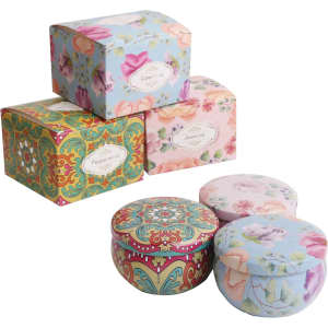 A collection of decorative tin candle boxes featuring floral patterns in various colours and designs.