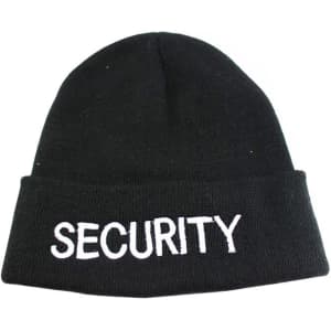 A black knitted beanie with a fold and a logo. The logo features the word "SECURITY" in white lettering.