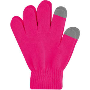 Adults' plain knitted gloves in vibrant pink with grey fingertips, featuring a woven label.