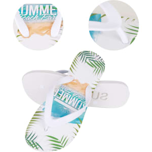 EVA thongs in white feature a tropical print with palm leaves and beach themes. Includes branding on the sole.