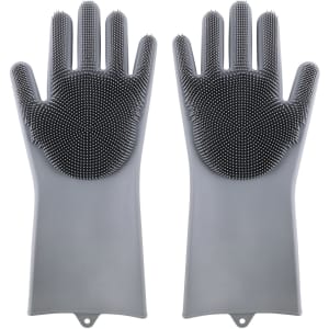 A pair of grey silicone cleaning gloves featuring textured palms for scrubbing. The gloves have an embedded logo.