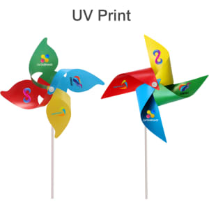 A four-leaf pinwheel in blue, yellow, red, and green, featuring a logo on some blades.