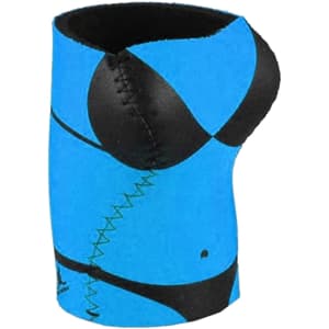 A drink bottle stubby holder in blue with a design resembling a bikini top and a black stitching detail.