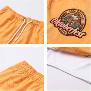 Men's polyester spandex swim shorts in vibrant orange, featuring a logo and an elastic waistband with drawstrings.