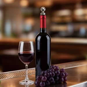 A drink bottle with a silver stopper next to a glass of red wine and a bunch of purple grapes.