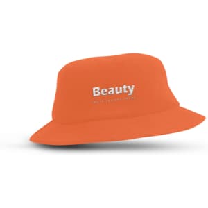 An orange Terry Toweling Bucket Hat with a logo on the front, ideal for outdoor leisure activities.