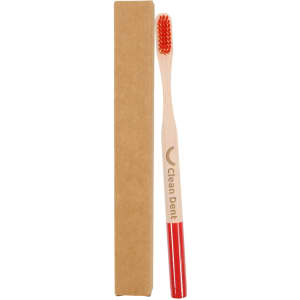 A bamboo toothbrush with a large red handle, packaged in a brown cardboard box. It features a logo on the handle.