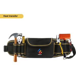 A black waist tool bag with yellow accents, featuring various tools including a hammer, pliers, and scissors.