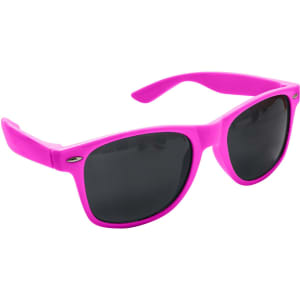 Bright pink RPET sunglasses with dark lenses, featuring a sleek design and a branding logo on the side.