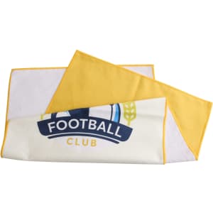 A yellow and white sports towel featuring a club logo, folded neatly for use in leisure or gym activities.
