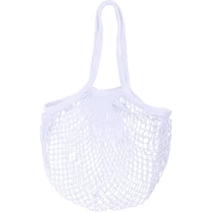 A white mesh grocery bag with two handles, featuring an open, net-like design.