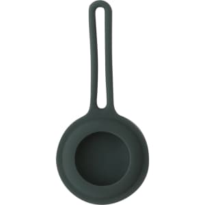 A dark green silicone strainer with a long handle, designed for kitchen use.