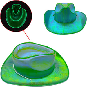 A green light-up cowboy hat with a shiny finish, featuring a unique design and a branding logo.