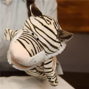 A plush tiger hand puppet with black and white stripes, featuring a soft, friendly face and small ears.