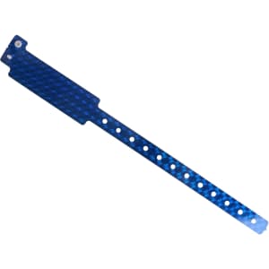A blue holographic PVC wristband with a textured pattern and a logo. It features multiple holes for adjustment.
