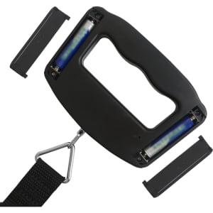 A black luggage scale with a handle and attached hook, featuring removable components.
