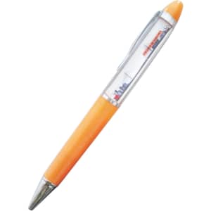 An orange plastic pen with a transparent barrel and silver accents, featuring a visible logo.
