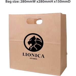 A brown kraft paper bag with a die-cut handle, featuring a logo on one side. Dimensions are 280mm x 280mm x 150mm.
