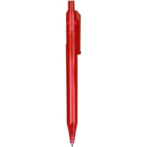 A red transparent barrel pen with a clip, featuring a black tip and an integrated ballpoint design.