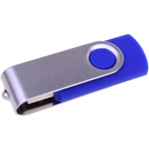 A silver and blue Belton Swivel Flash Drive with a metal casing and a sliding mechanism. It features a logo.