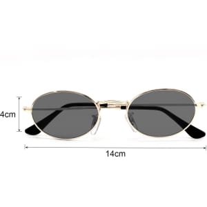 Oval retro sunglasses with black lenses and a gold frame, measuring 14cm in width and 4cm in height.