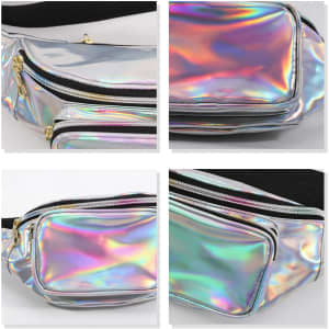 A holographic fanny pack featuring shimmering iridescent colours, with multiple zippered compartments and a black strap.