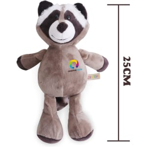 A plush raccoon toy in brown and grey, measuring 25 cm, featuring a friendly smile and a logo tag.