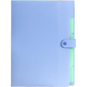 A4 expandable file folder in light blue with a clasp closure and multiple dividers in various colours.