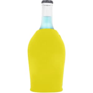 A drink bottle is wrapped in a bright yellow cooler with a zipper, featuring a logo.