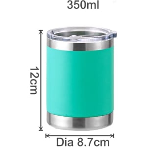 A drink bottle featuring a turquoise exterior and stainless steel double wall, measuring 350ml with a lid.