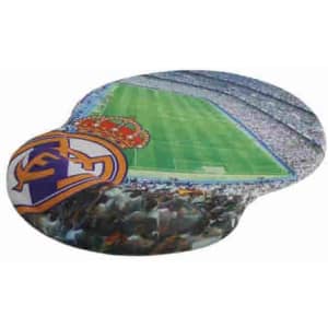 A gel mouse mat featuring a green football pitch and a logo, in shades of green, blue, and white.