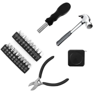 A car wheel tool kit featuring a hammer, pliers, screwdriver, and various attachments in silver and black.