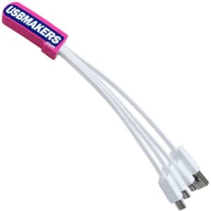 A white PVC custom charging cable featuring multiple connectors and a logo on the handle.