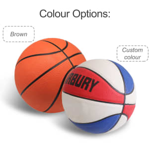 Two basketballs: one orange and one in a white, red, and blue design, both featuring branding.