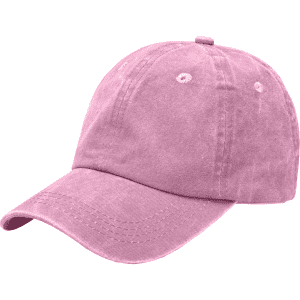 A vintage washed baseball cap in a soft pink colour with a curved brim and six ventilation holes.