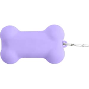 A purple silicone bone-shaped dog poop bag dispenser with a metal clip.